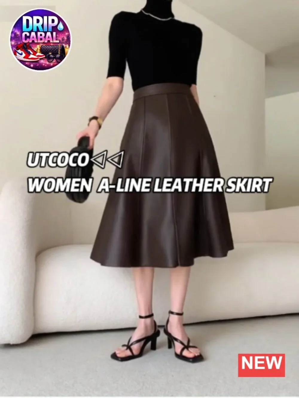 Faux Leather Midi A-Line High Waisted Skirt with Back Zipper
